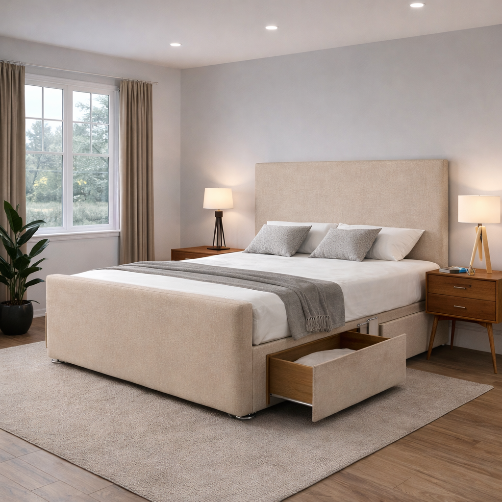 Plain Upholstered Divan Bed with High Footboard